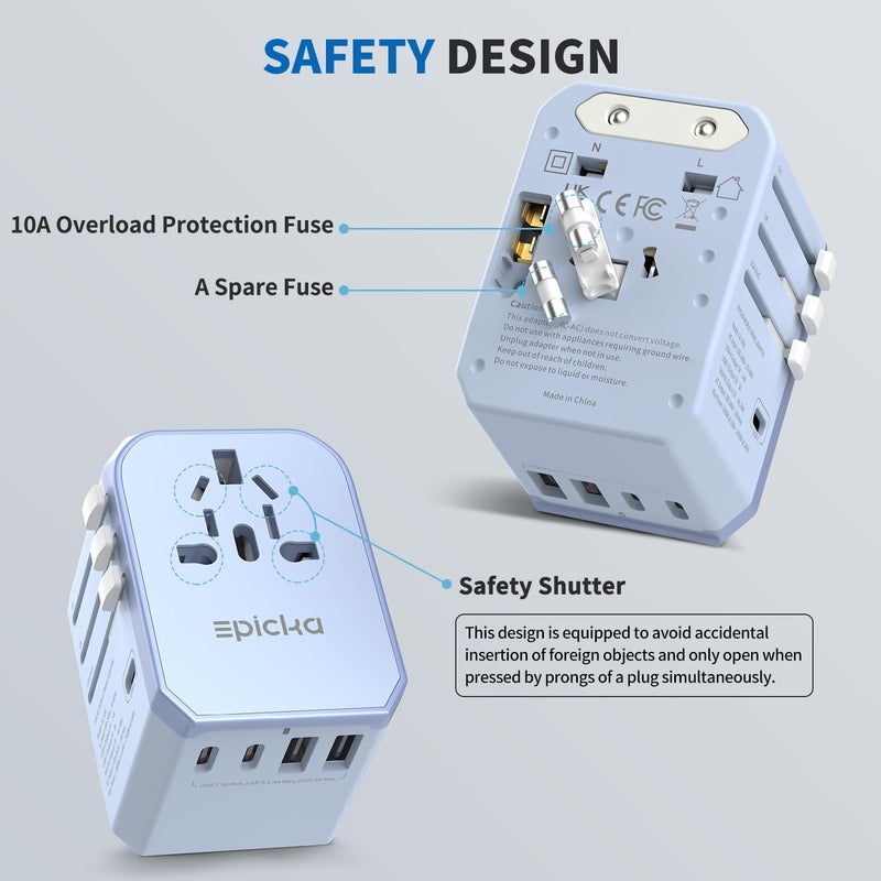 EPICKA Universal Travel Adapter, International Power Adapter with 2 USB-A & 3 USB-C Ports Wall Charger - Worldwide Travel Essentials, European Travel Plug Adapter for UK/US/AU (TA-105C, Blue) - Image 5